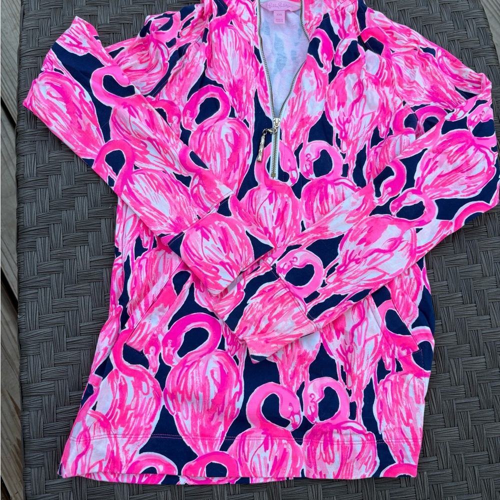 Lilly Pulizer Pink Flamingo Zip Print Pullover XXS 0-4 Resort Beach Top Cotton